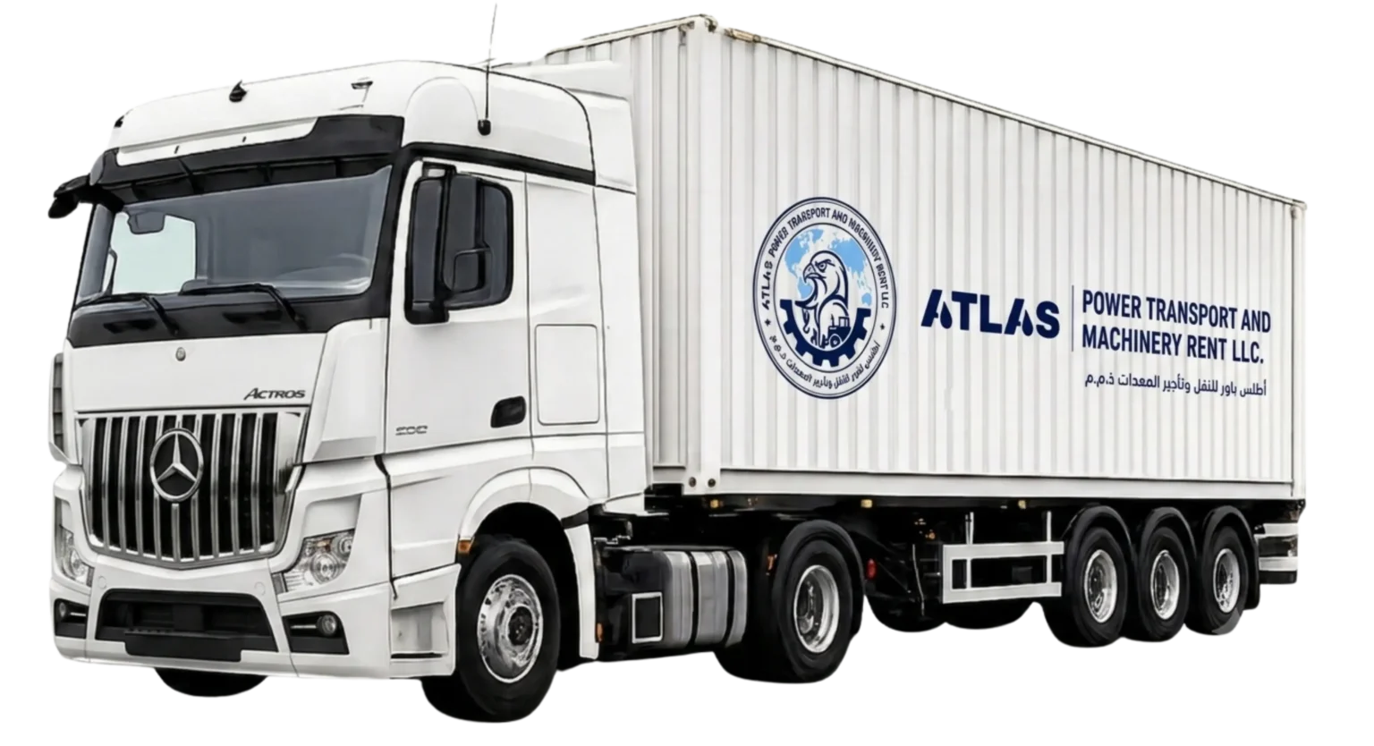 Container truck rental in the UAE by Atlas Power Transport and Machinery Rent for container transportation, logistics, port operations, cargo delivery, and heavy haulage.