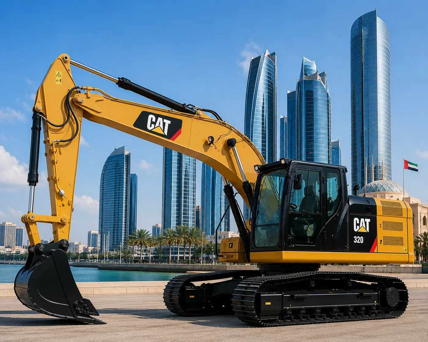 Crawler excavator working on a construction site in the UAE for excavation, earthmoving, trenching, and infrastructure projects by Atlas Power Transport and Machinery Rent.