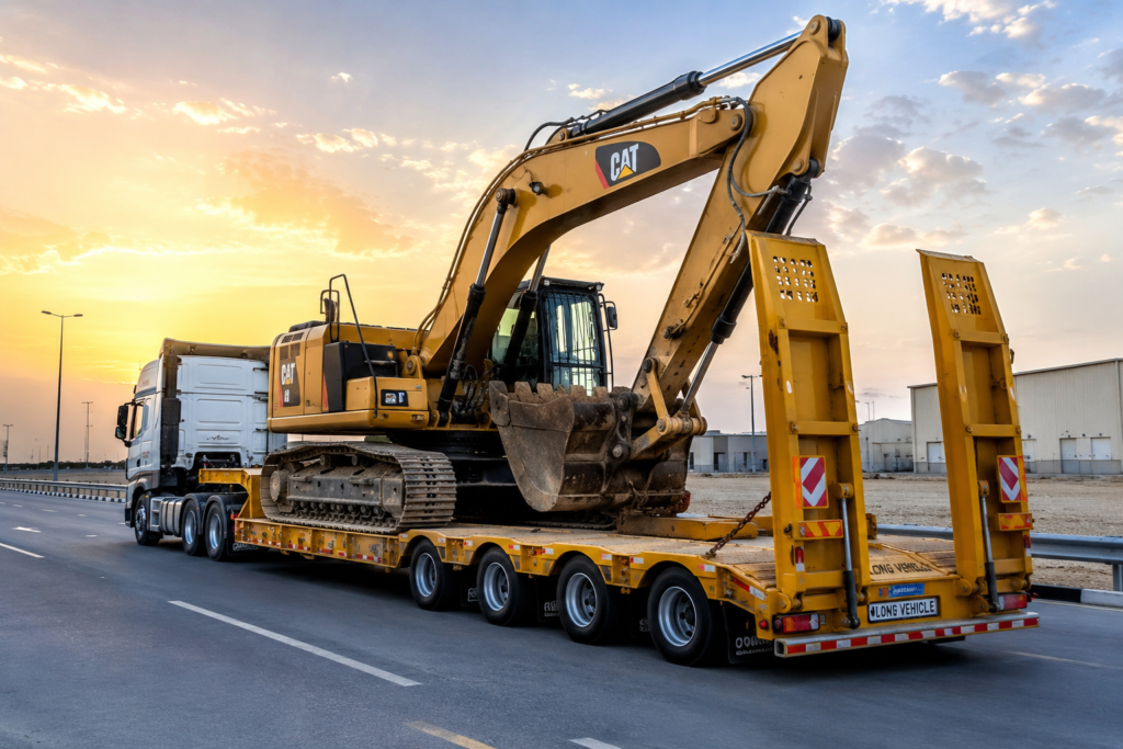 Low bed trailer transporting an excavator for safe machinery transport across the UAE.