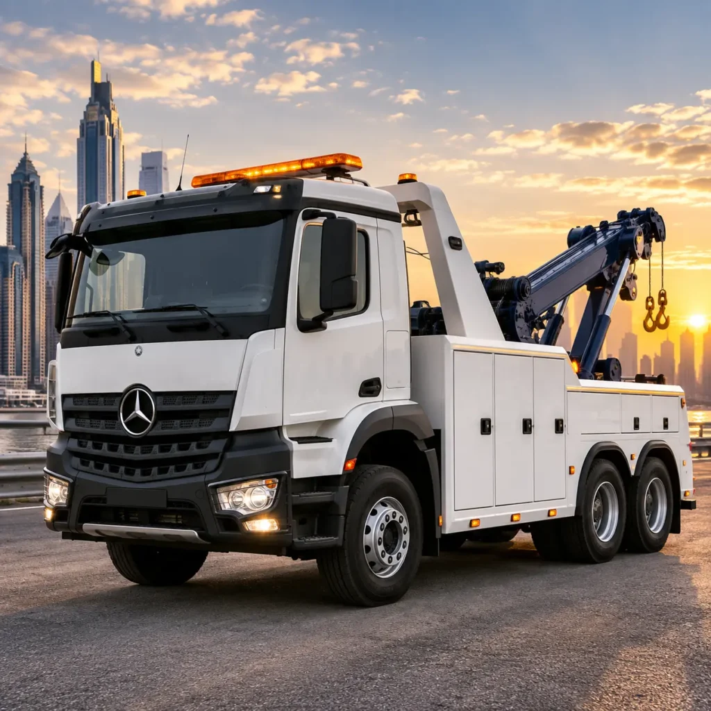 Recovery truck rental in the UAE by Atlas Power Transport and Machinery Rent for heavy vehicle recovery, towing, roadside assistance, accident recovery, and equipment transport.