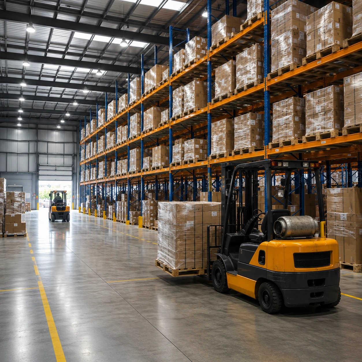 Warehouse logistics operations with forklifts, pallet racking and inventory management