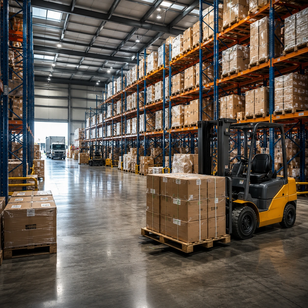 Warehouse logistics operations with forklifts, pallet racking and inventory management