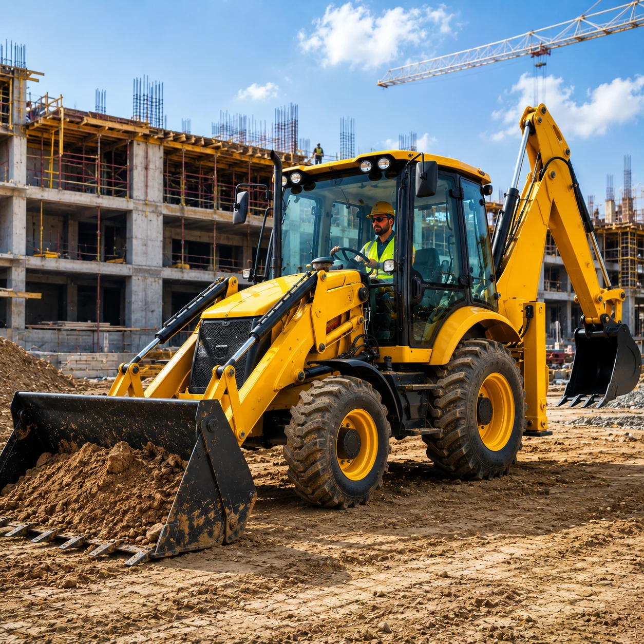 Experienced operator using backhoe loader at construction site UAE