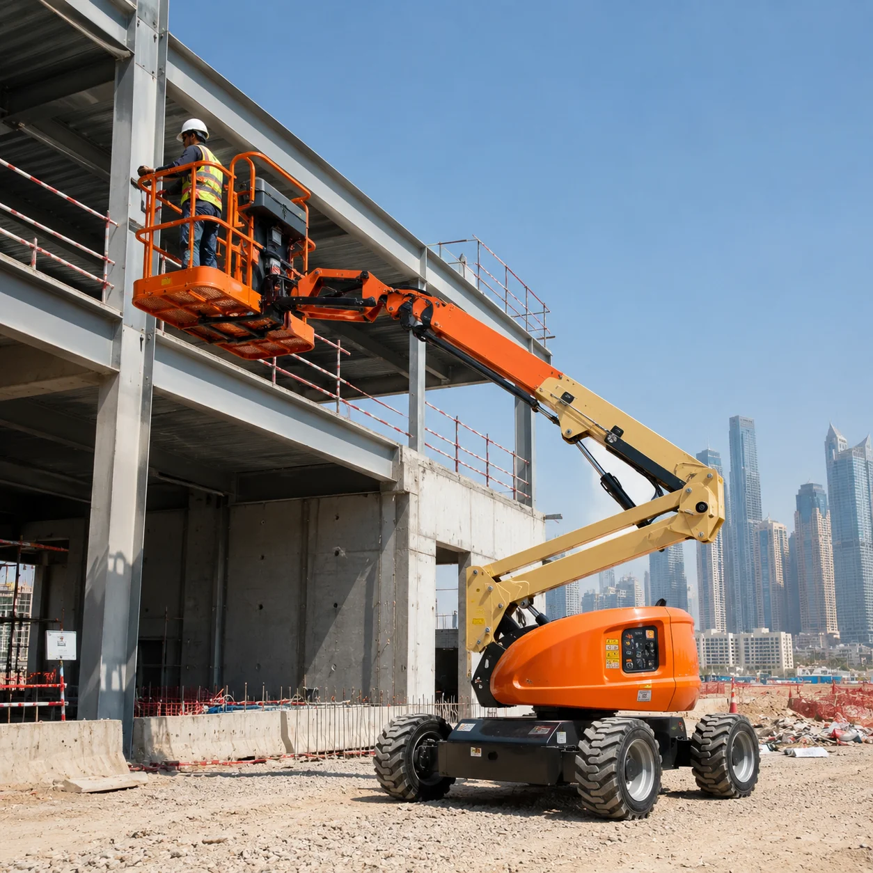 Certified operator using boom lift at construction site in UAE