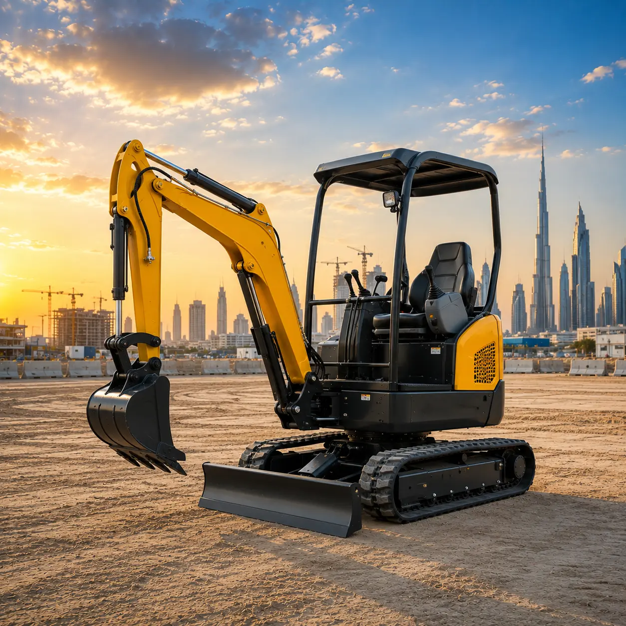 Compact mini excavator working on a construction site in Dubai