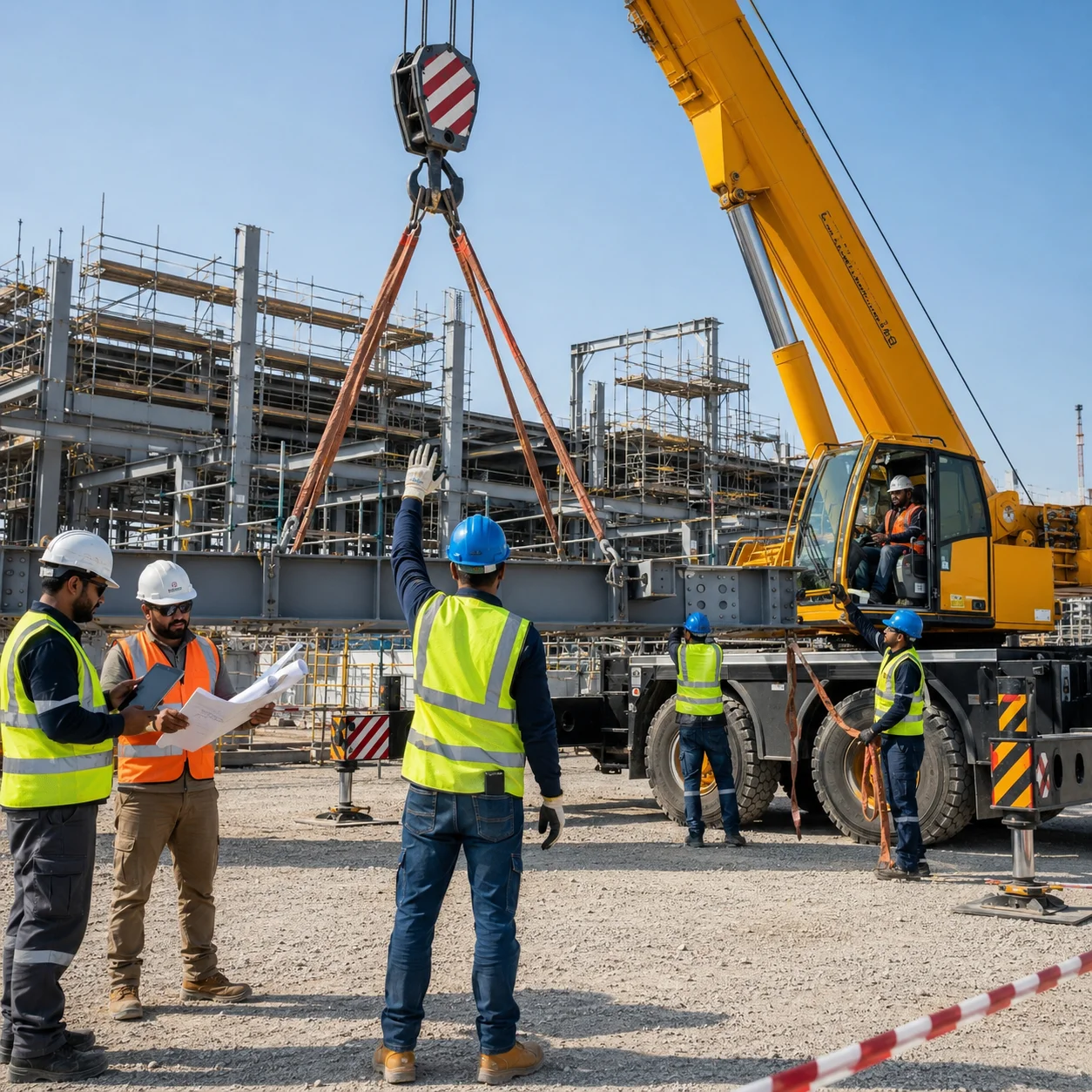 Certified crane operator, signalman, lifting supervisor, and rigging team performing a safe crane lifting operation in the UAE