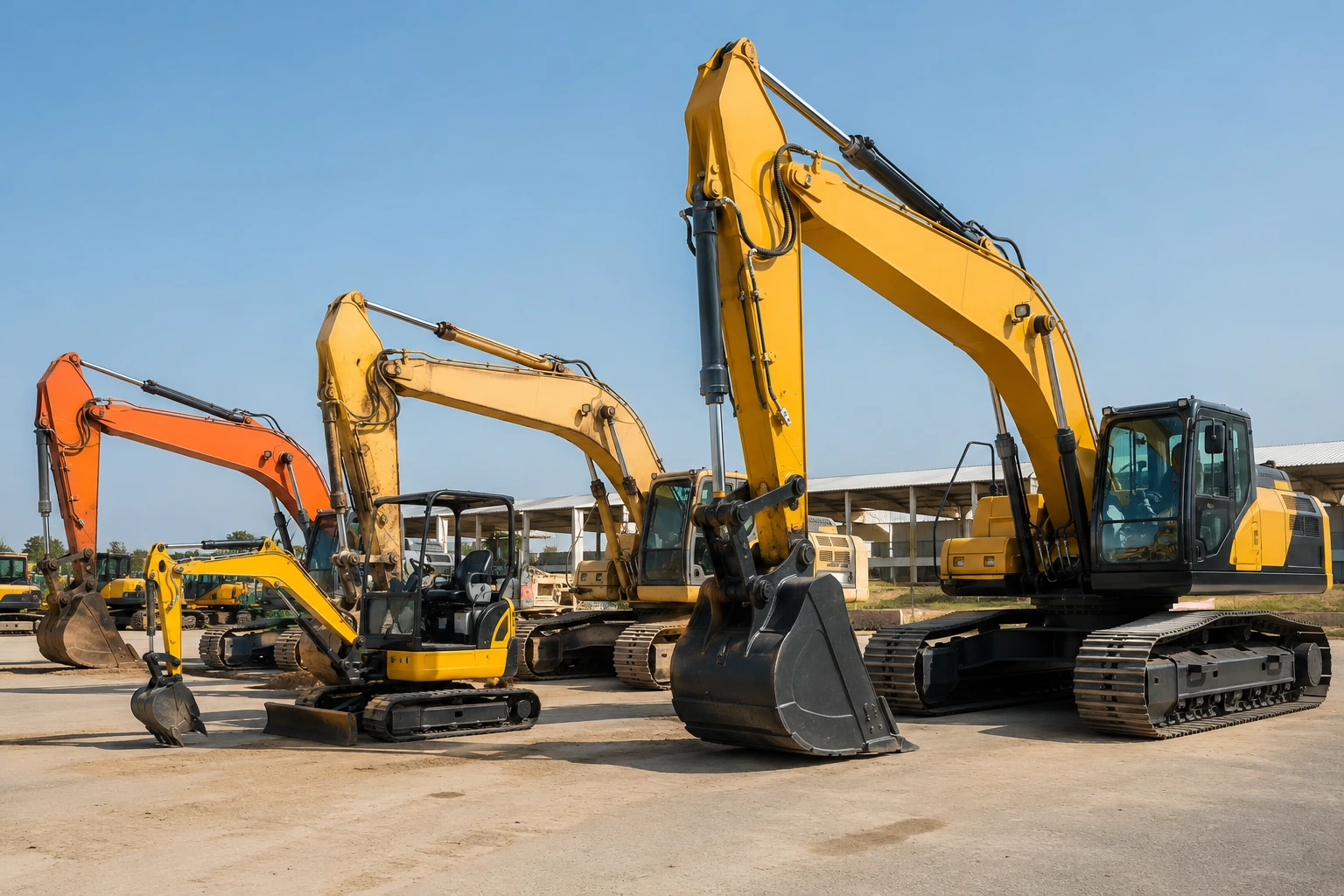 Excavator fleet available for rental in UAE with modern construction equipment