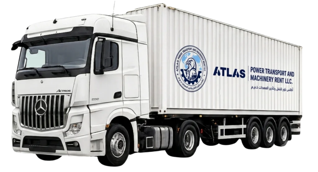 Flatbed trailer transporting shipping container in UAE