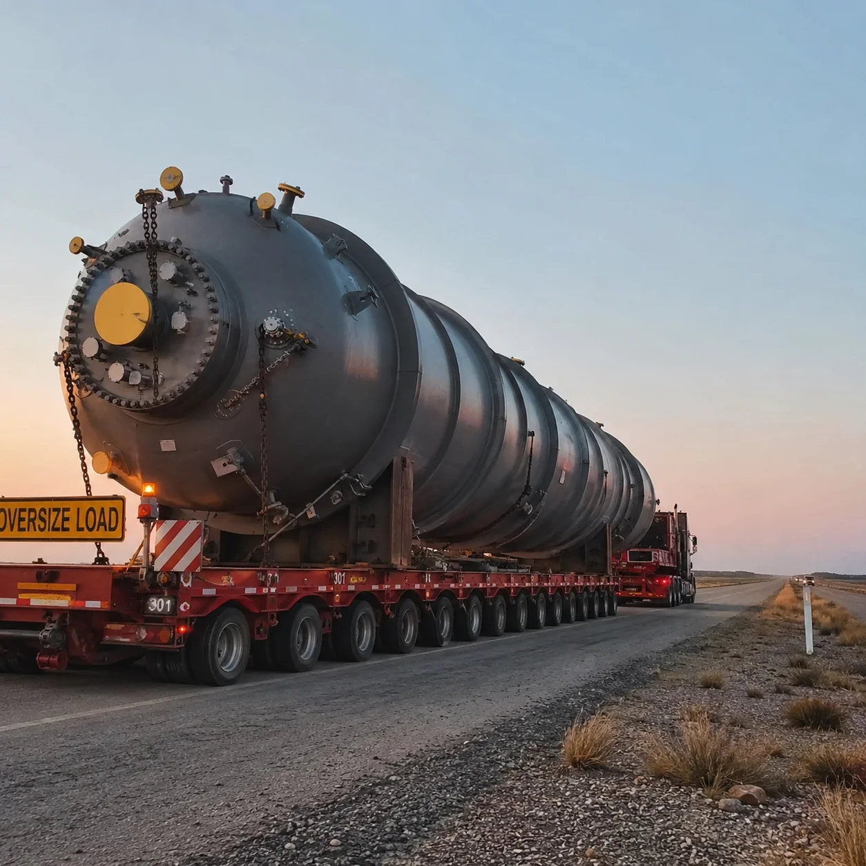 Low bed trailer transporting heavy machinery in UAE
