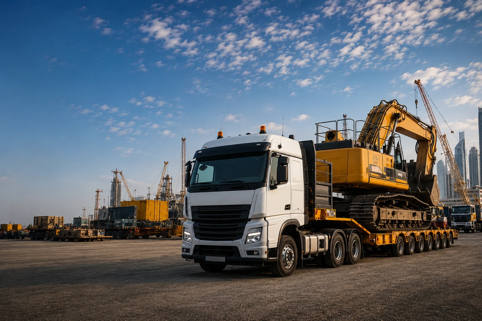 Heavy equipment transportation service in UAE using low bed trailer