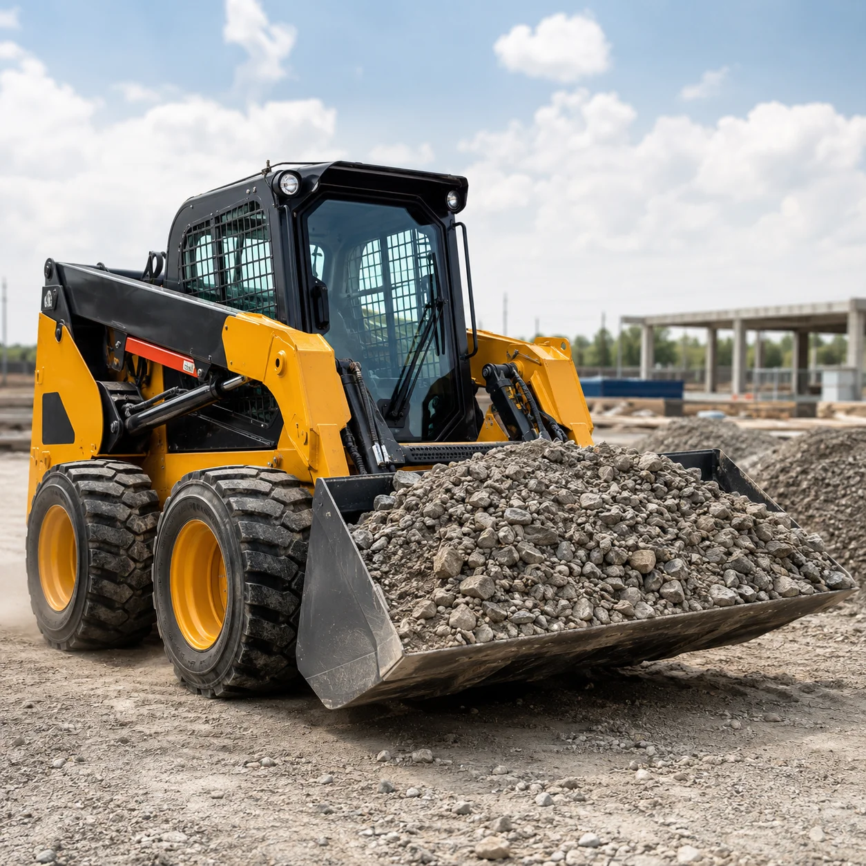 High capacity skid steer loader handling heavy materials at construction site