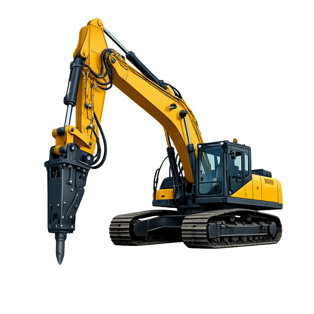 Hydraulic breaker excavator in UAE performing concrete demolition and rock breaking for construction, mining, and infrastructure projects