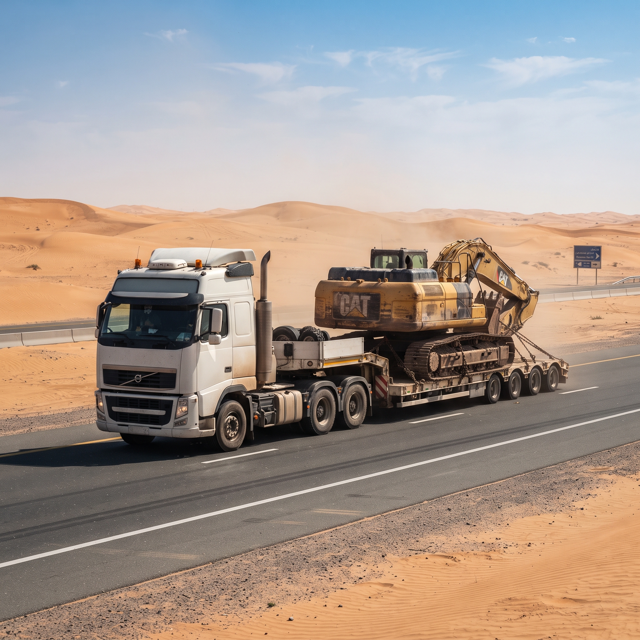 Low bed trailer transporting construction machinery in the UAE