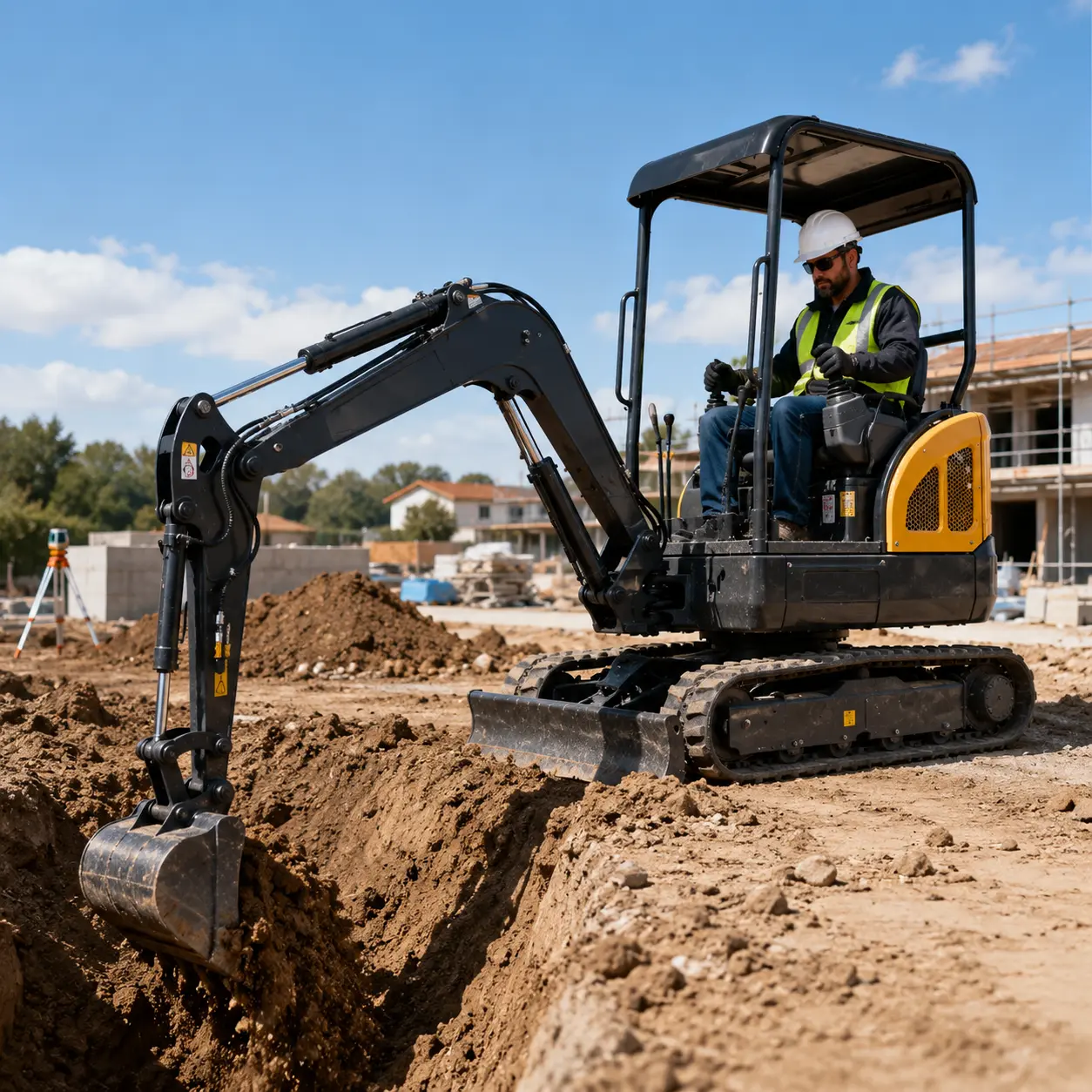 Mini excavator digging a trench