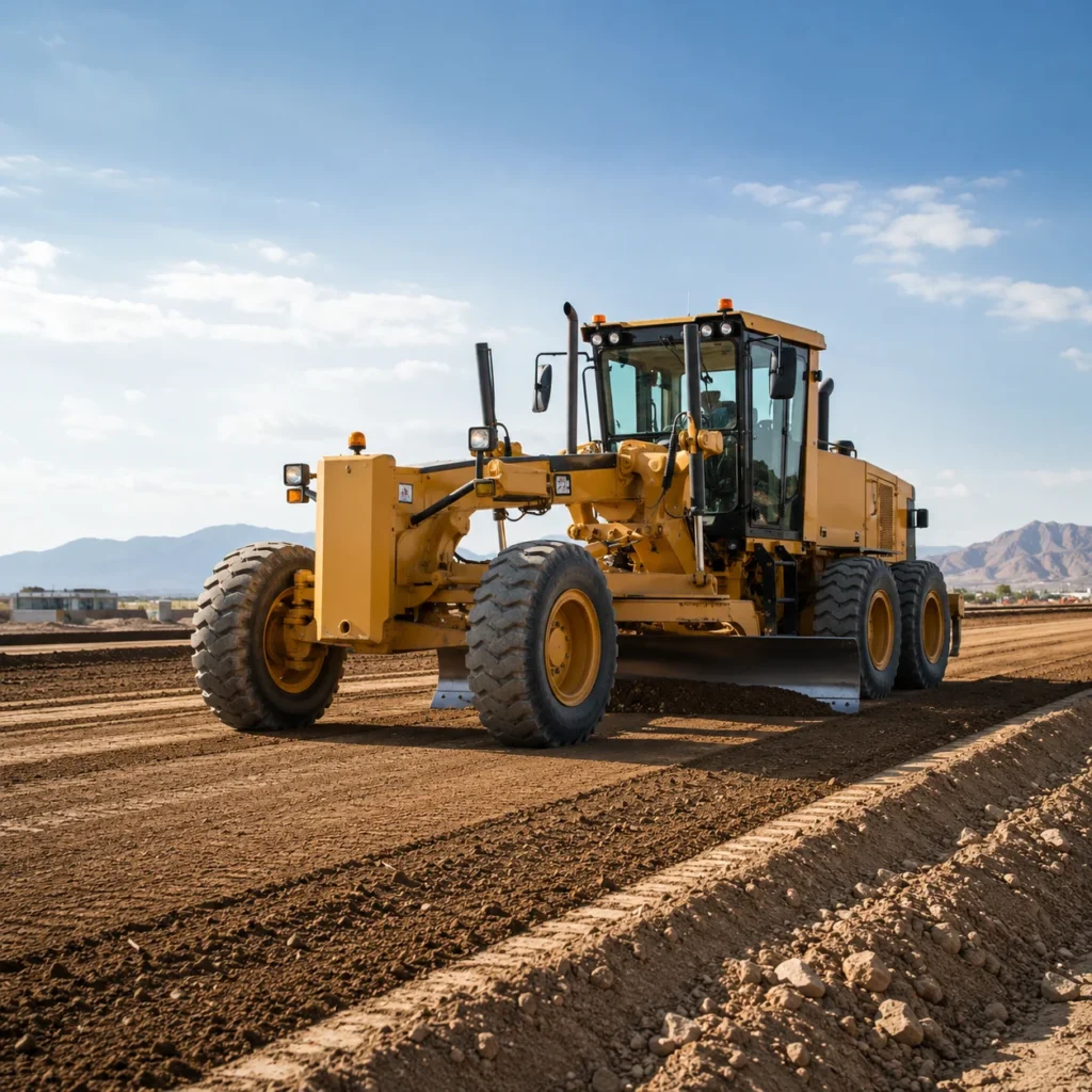 Motor grader working on road construction site