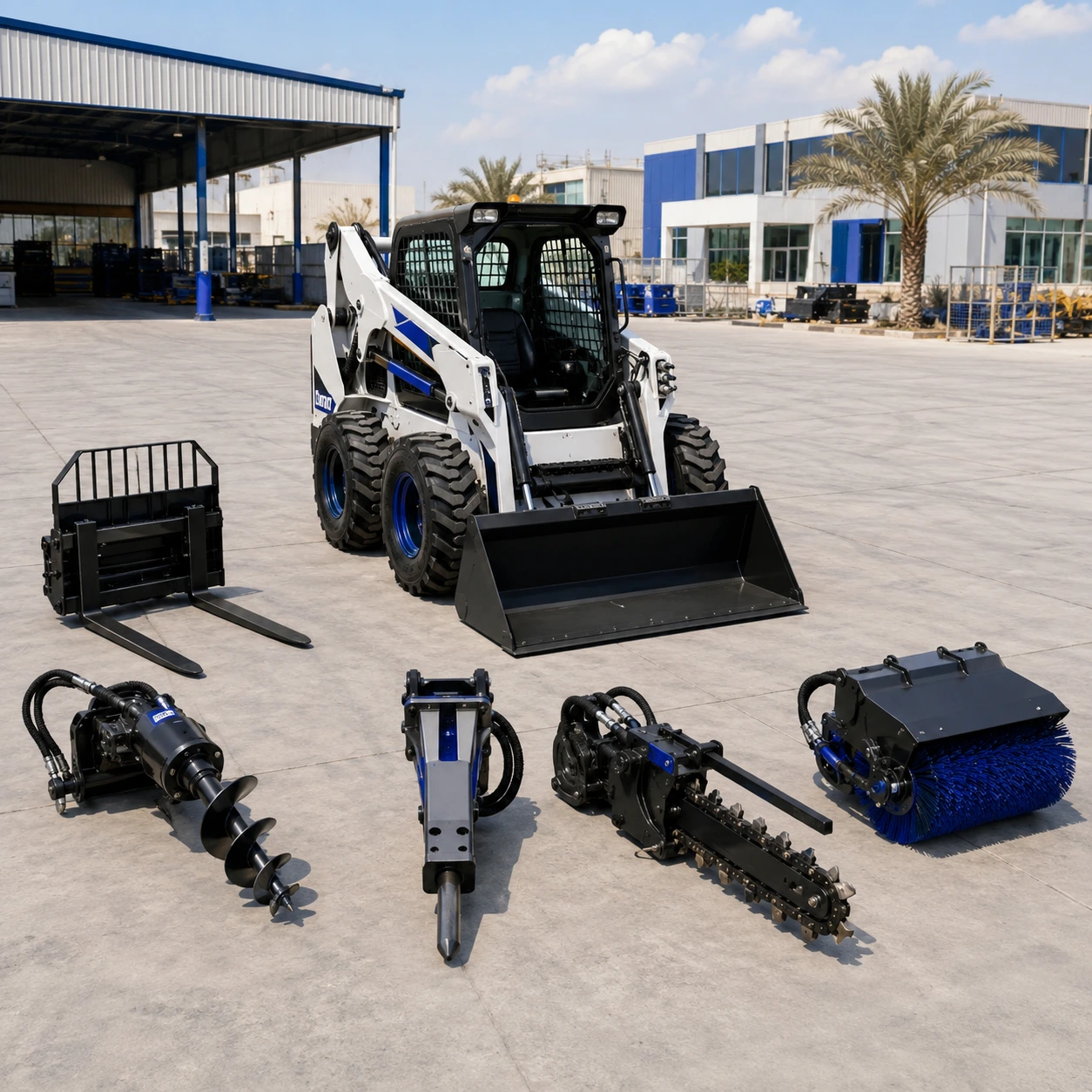 Skid steer loader attachments including bucket pallet forks auger hydraulic breaker trencher and sweeper in UAE