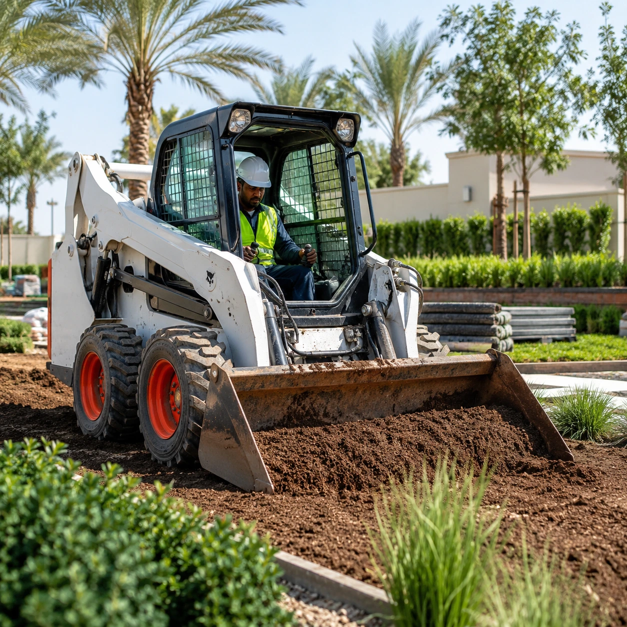 Skid steer loader used for landscaping and ground preparation work in UAE