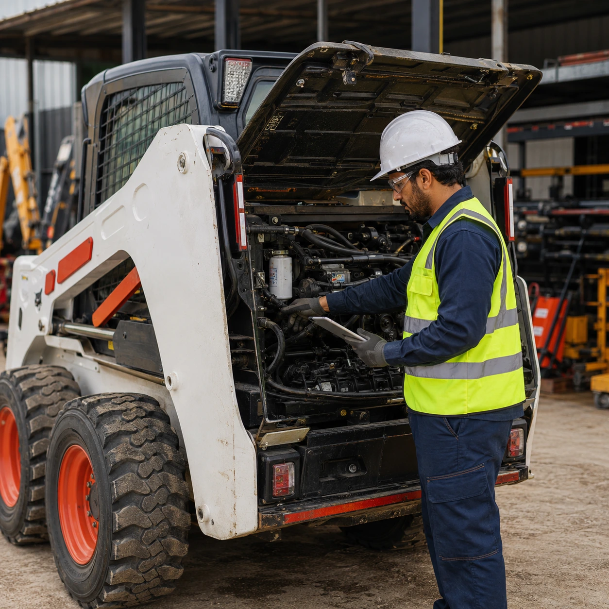Technician inspecting skid steer loader equipment during maintenance and safety check in UAE
