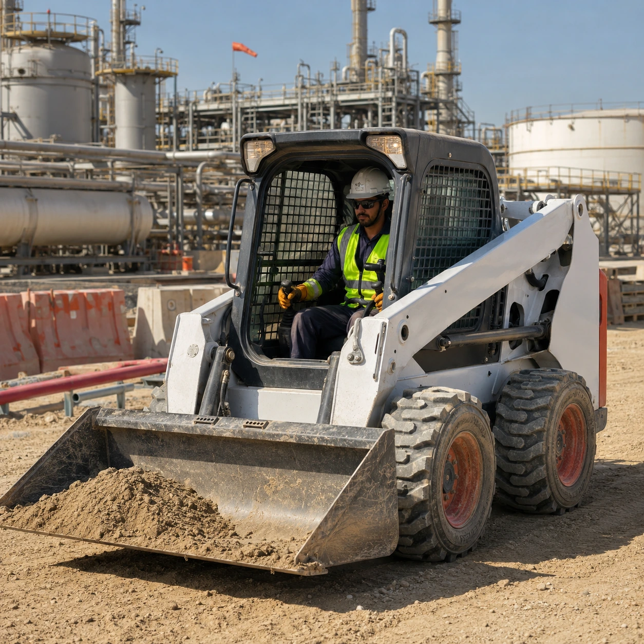 Skid steer loader supporting oil and gas project operations at industrial site in UAE