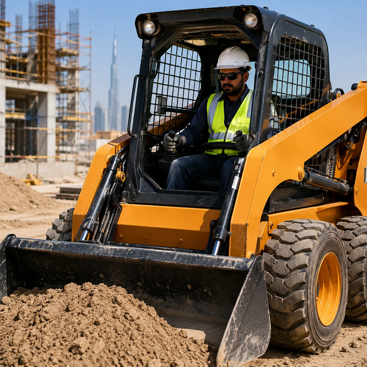 Skid steer loader rental UAE with professional operator working on construction site
