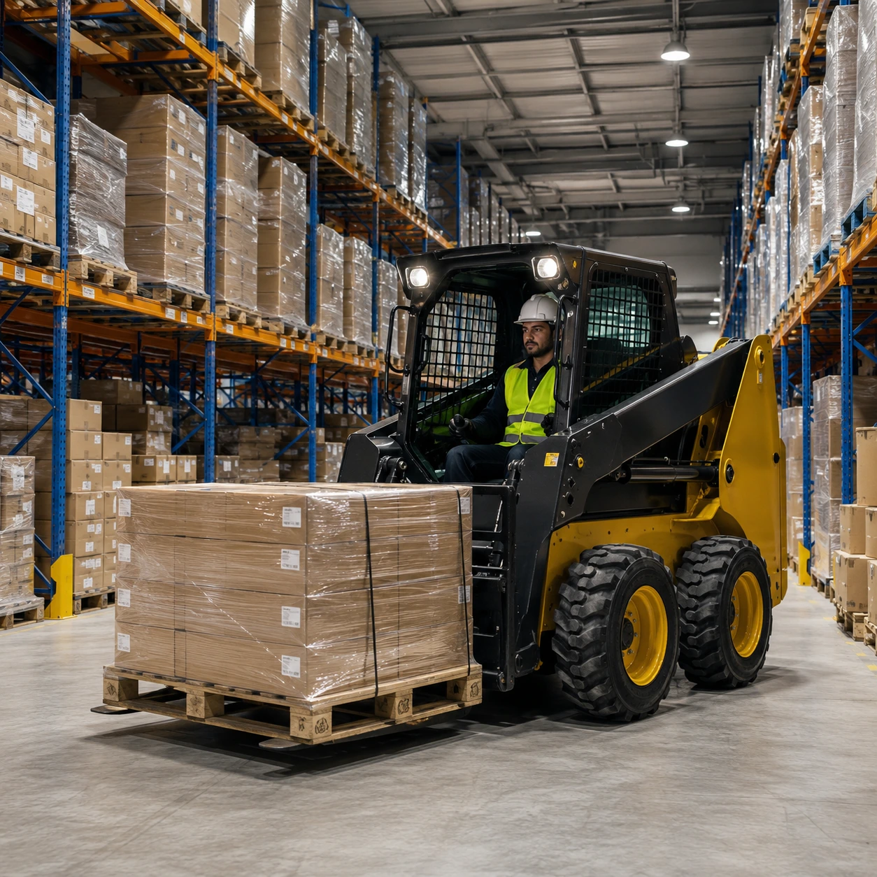 Skid steer loader handling materials inside warehouse facility in UAE