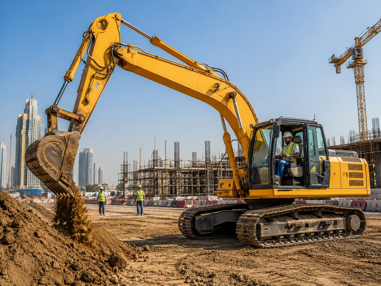 Modern excavator rental equipment operating at a UAE construction site with professional operator