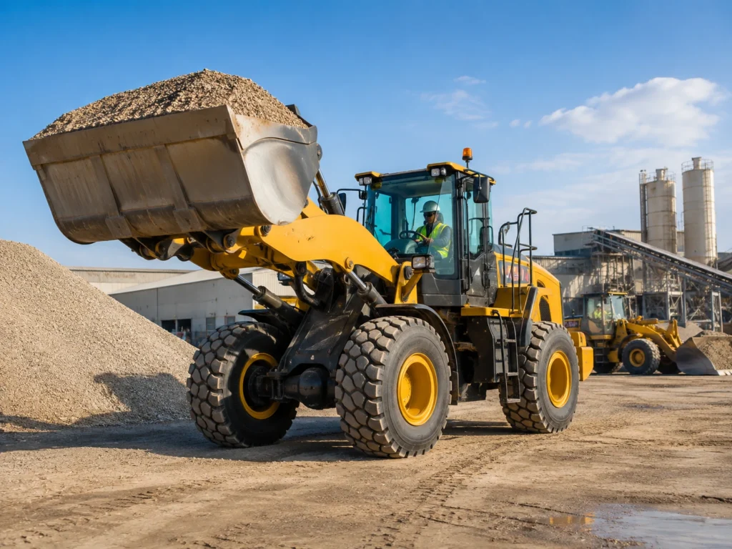 Modern wheel loader operating at a UAE industrial construction site