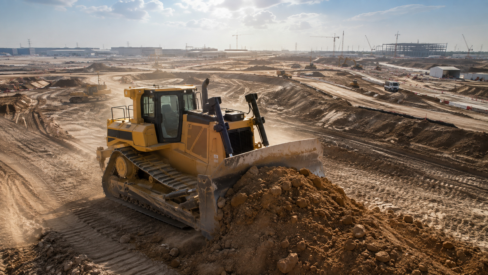 Bulldozer performing earthmoving work for infrastructure construction