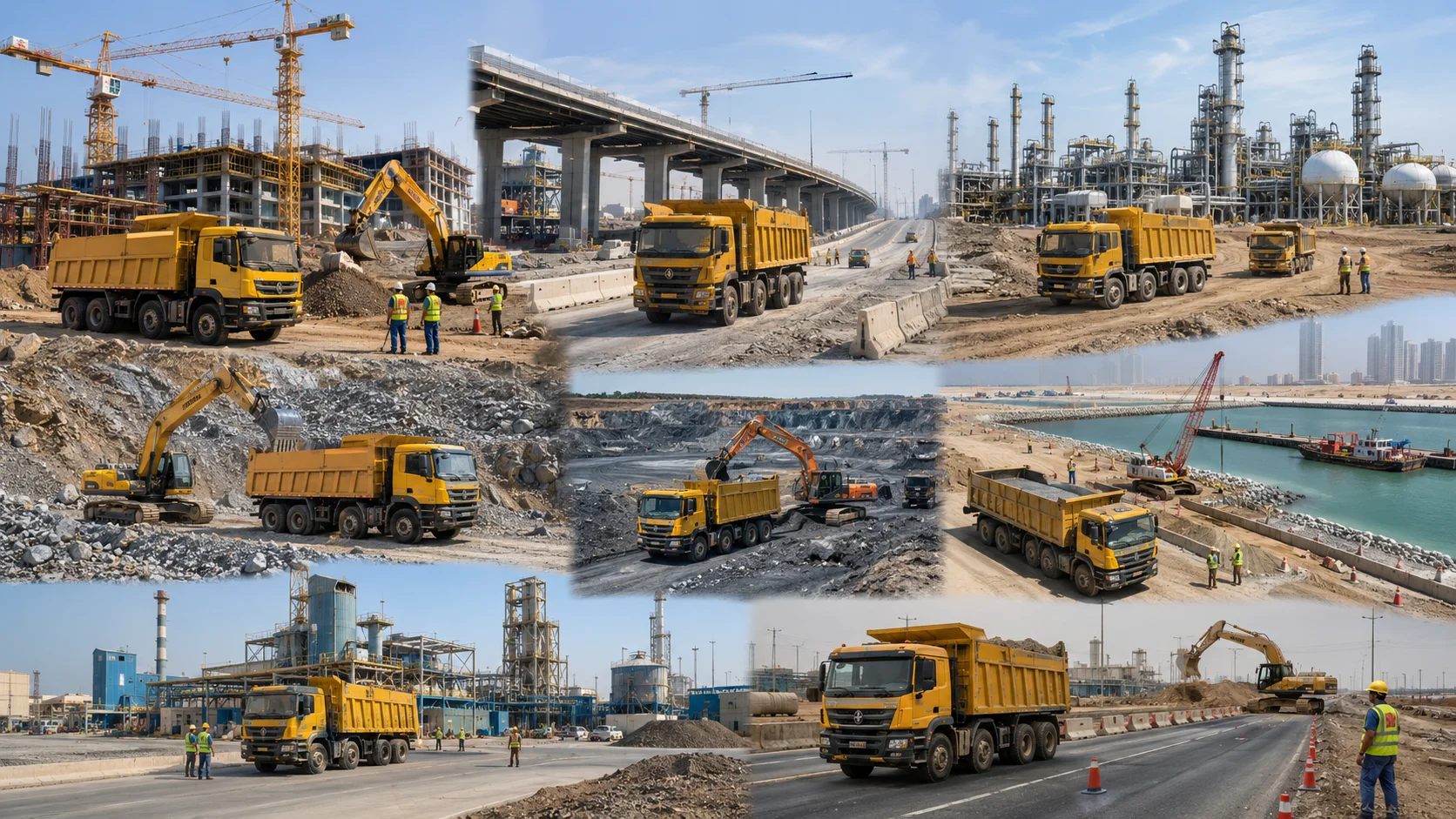 Heavy-duty dump trucks supporting construction, infrastructure, mining, quarry, oil and gas, marine, manufacturing, and industrial projects across the UAE.