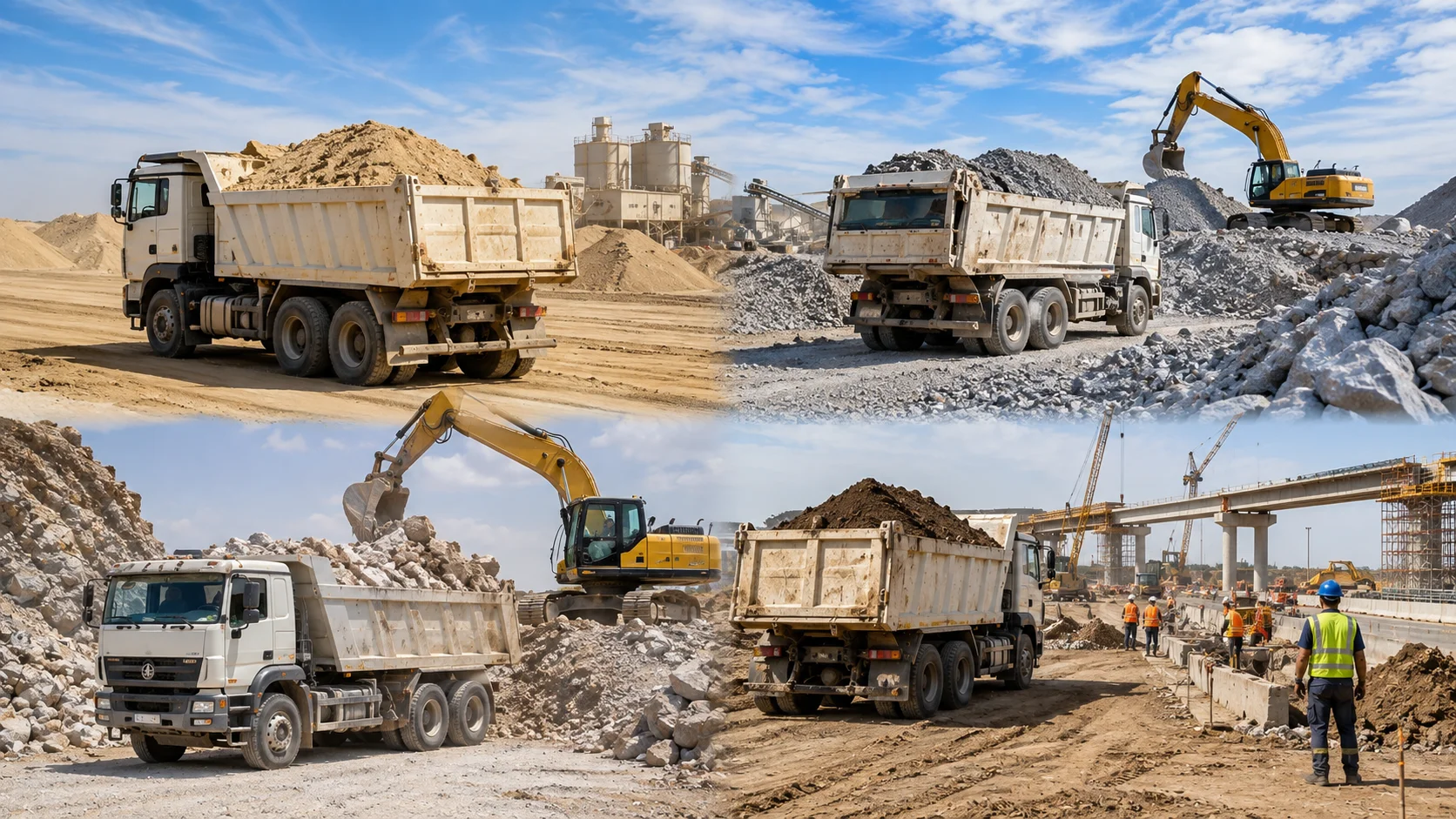 Heavy-duty dump trucks transporting sand, gravel, aggregates, crushed stone, soil, asphalt, and construction materials across the UAE.