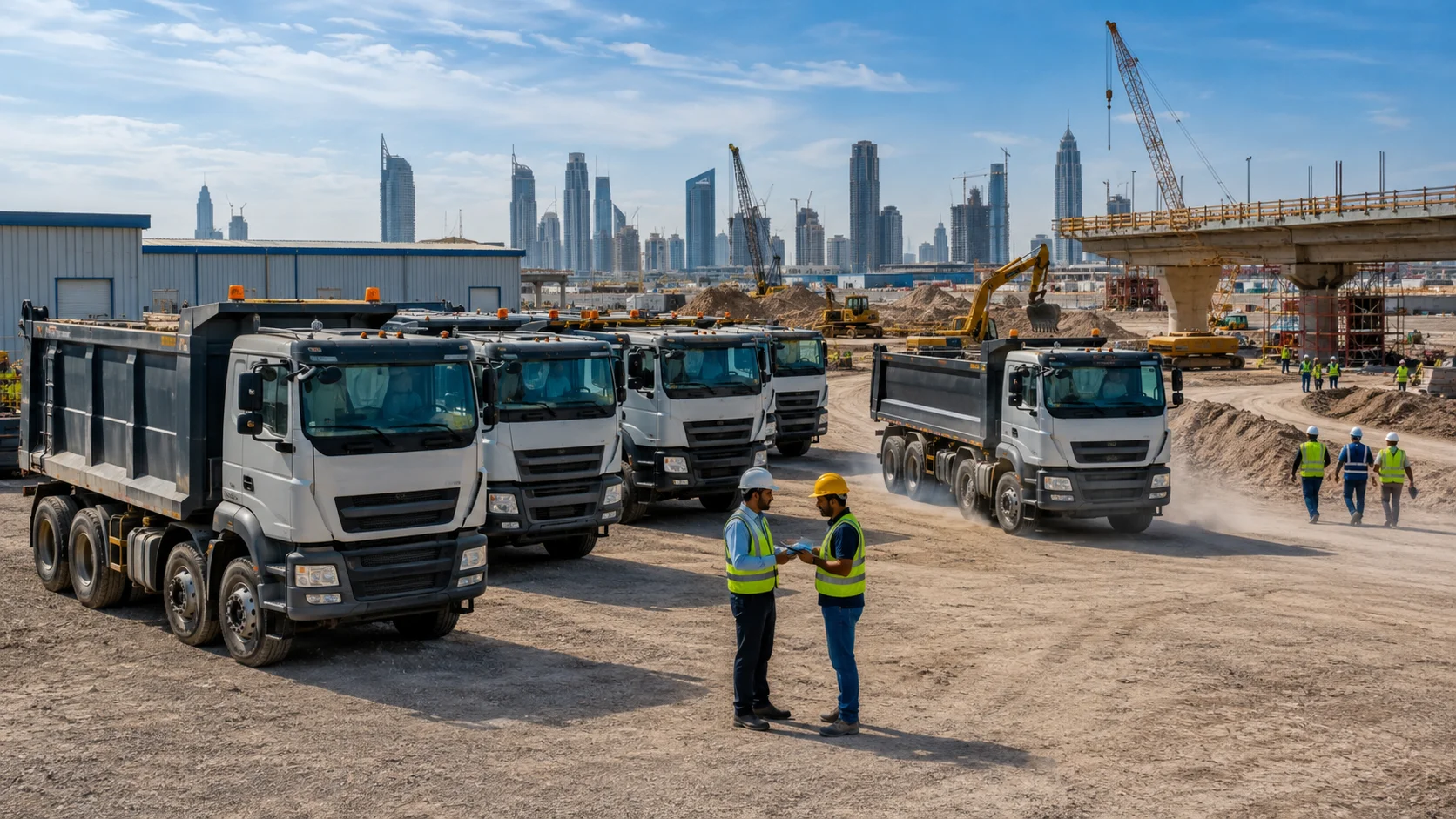 Flexible dump truck rental options in UAE with modern heavy-duty trucks for daily, weekly, monthly, and project-based requirements.