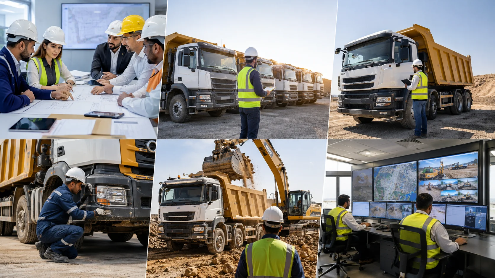 Professional dump truck rental process in UAE including project assessment, fleet selection, equipment mobilization, and site support.