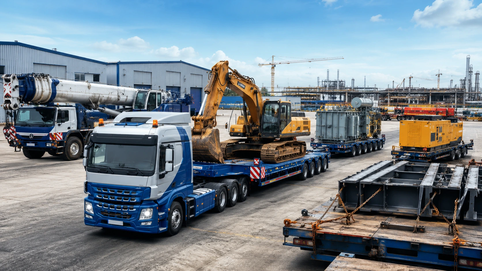 Heavy equipment transportation in UAE featuring excavators, cranes, generators, transformers, steel structures, and project cargo.