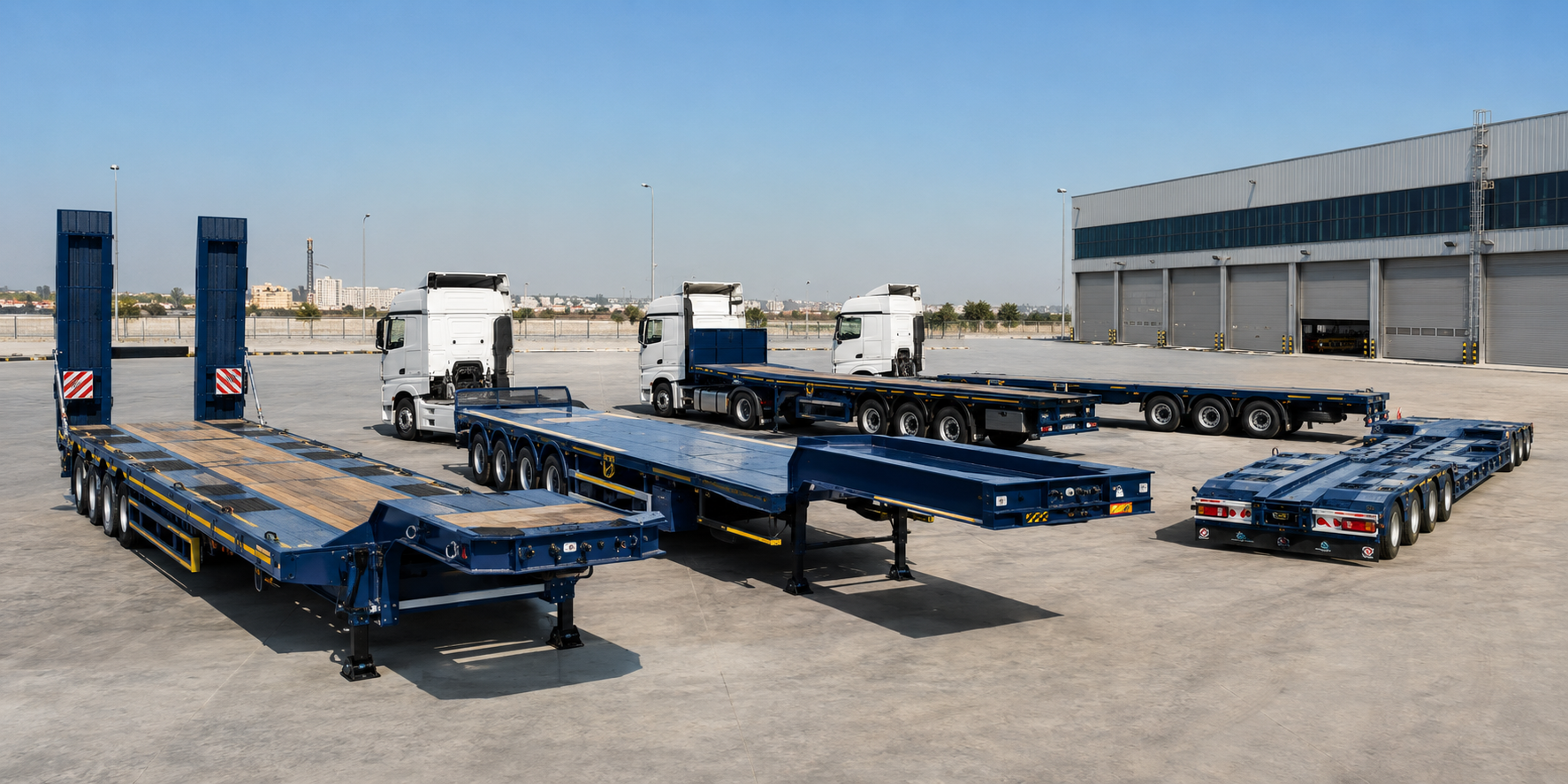 Heavy transport fleet with low bed and flatbed trailers for Machinery Transport in UAE