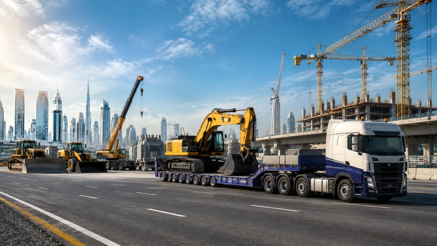 Low Bed Trailer Rental UAE transporting heavy construction equipment for industrial applications