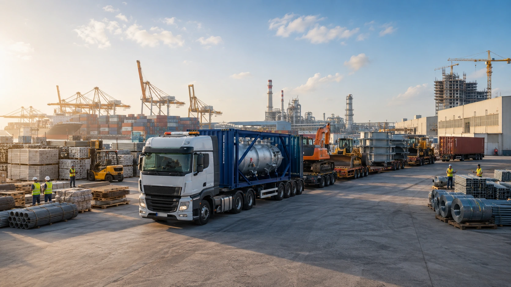 Heavy-duty container transport carrying construction materials, industrial equipment, machinery, project cargo and commercial freight across the UAE