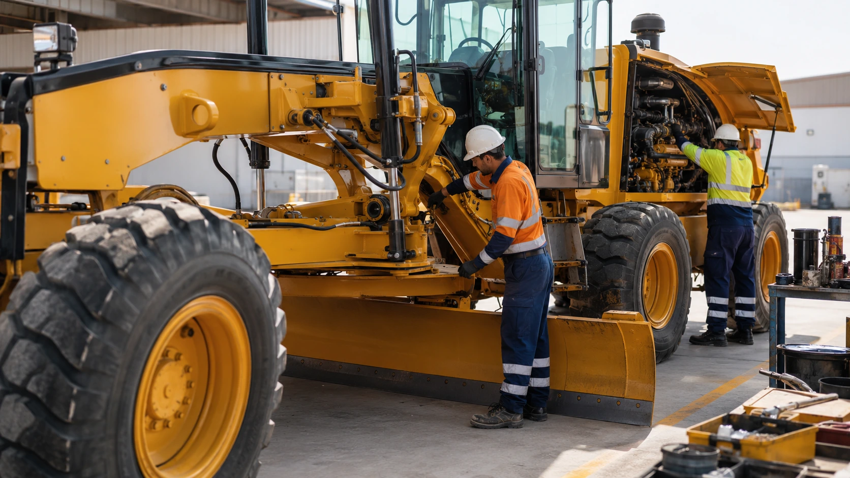 Motor grader maintenance and equipment inspection in UAE