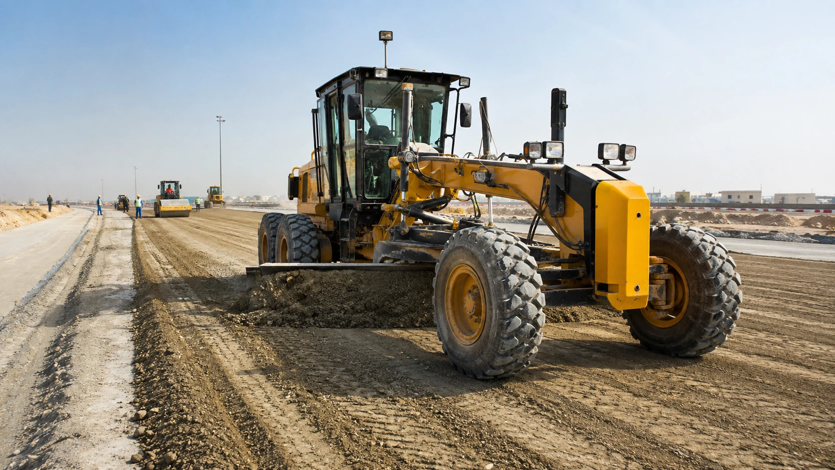 Motor grader working on road construction in UAE