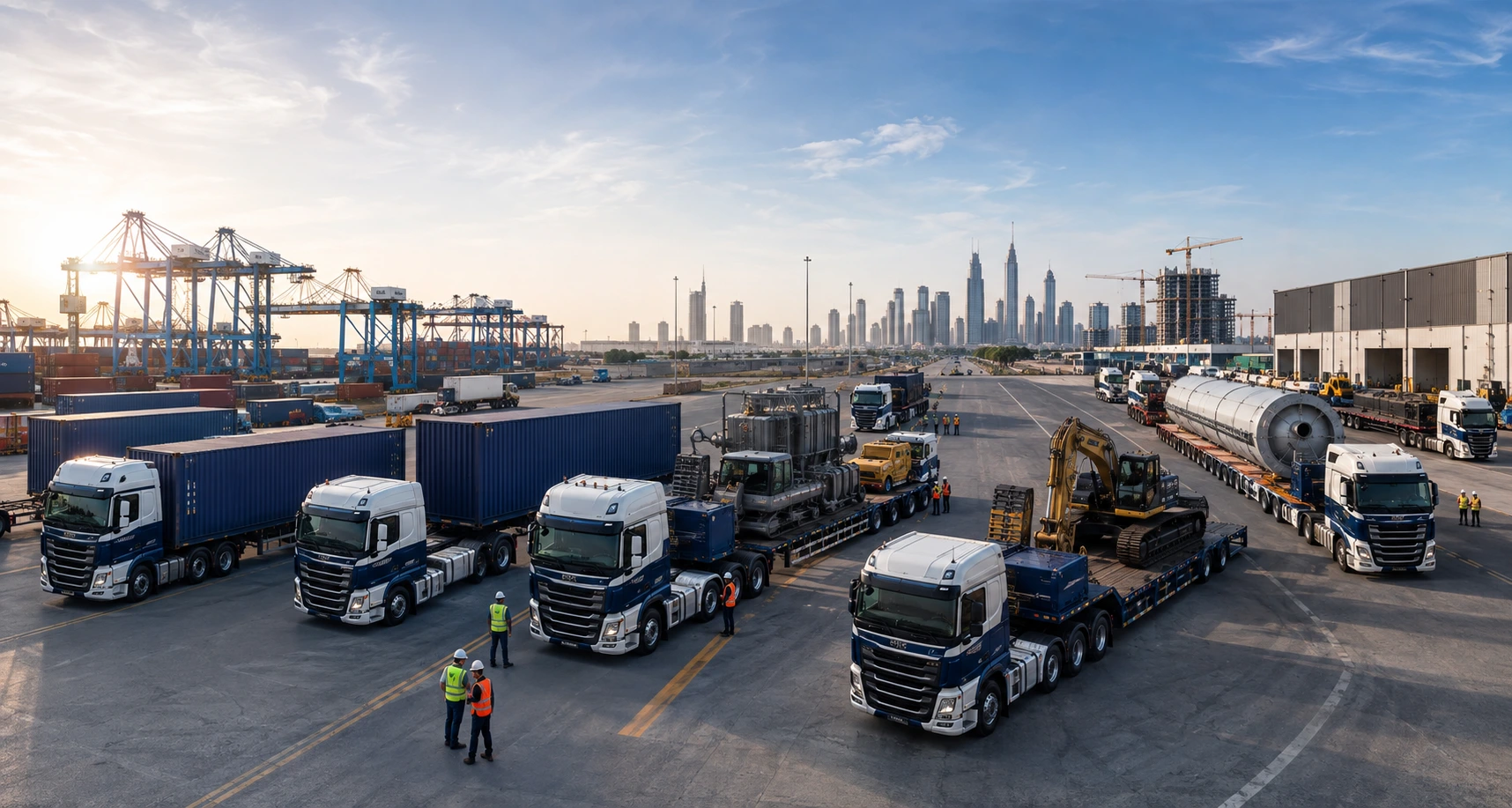 Container transport fleet with prime movers, trailers and heavy transport equipment in UAE