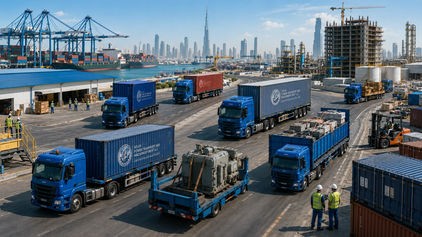 Heavy-duty trucks providing container transport services across the UAE using 20 FT, 40 FT, high cube, open top, and flat rack containers.