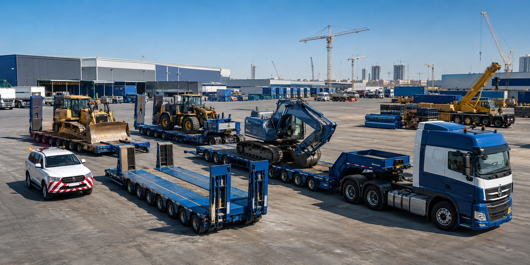 Our Low Bed Trailer Fleet in UAE featuring hydraulic, extendable, and multi-axle trailers for heavy equipment transportation.