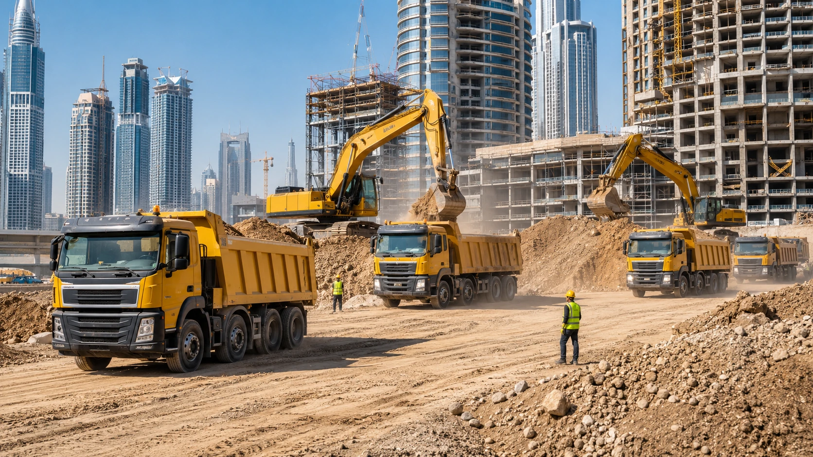 Professional dump truck rental fleet transporting bulk materials on a construction project in the UAE.