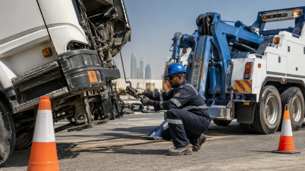 Professional vehicle recovery operation in UAE