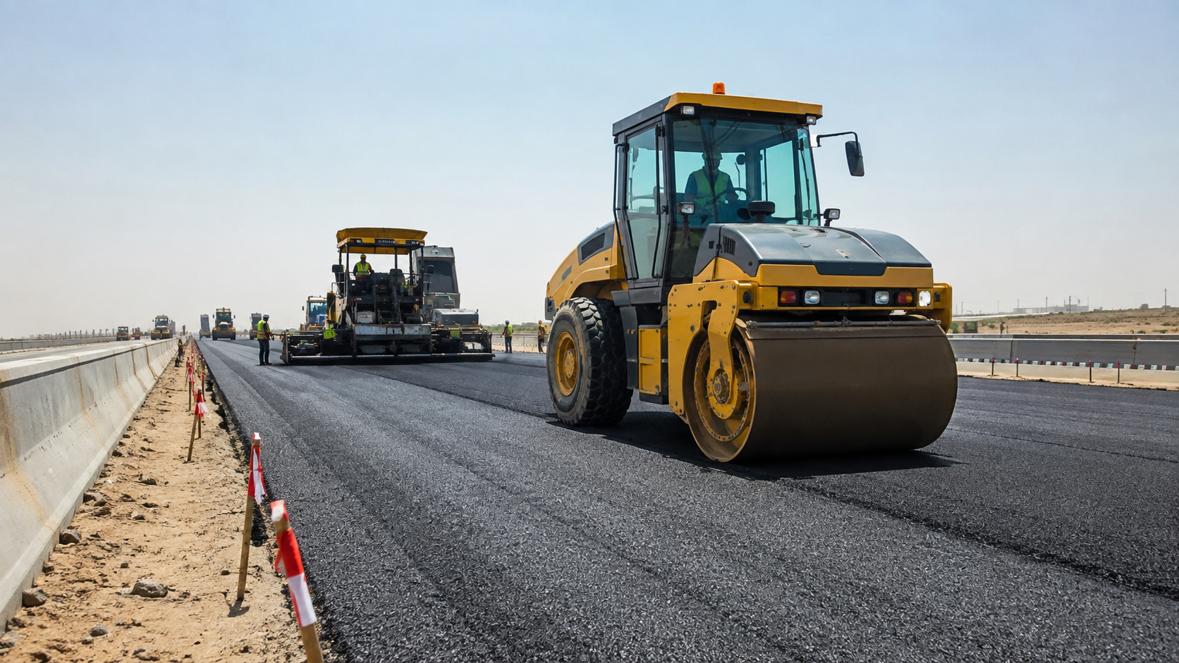 Road roller compacting asphalt on a UAE highway construction project