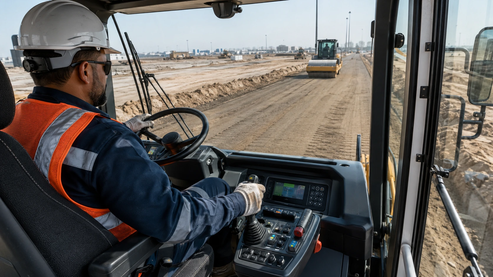 Road roller operator working inside modern equipment cabin