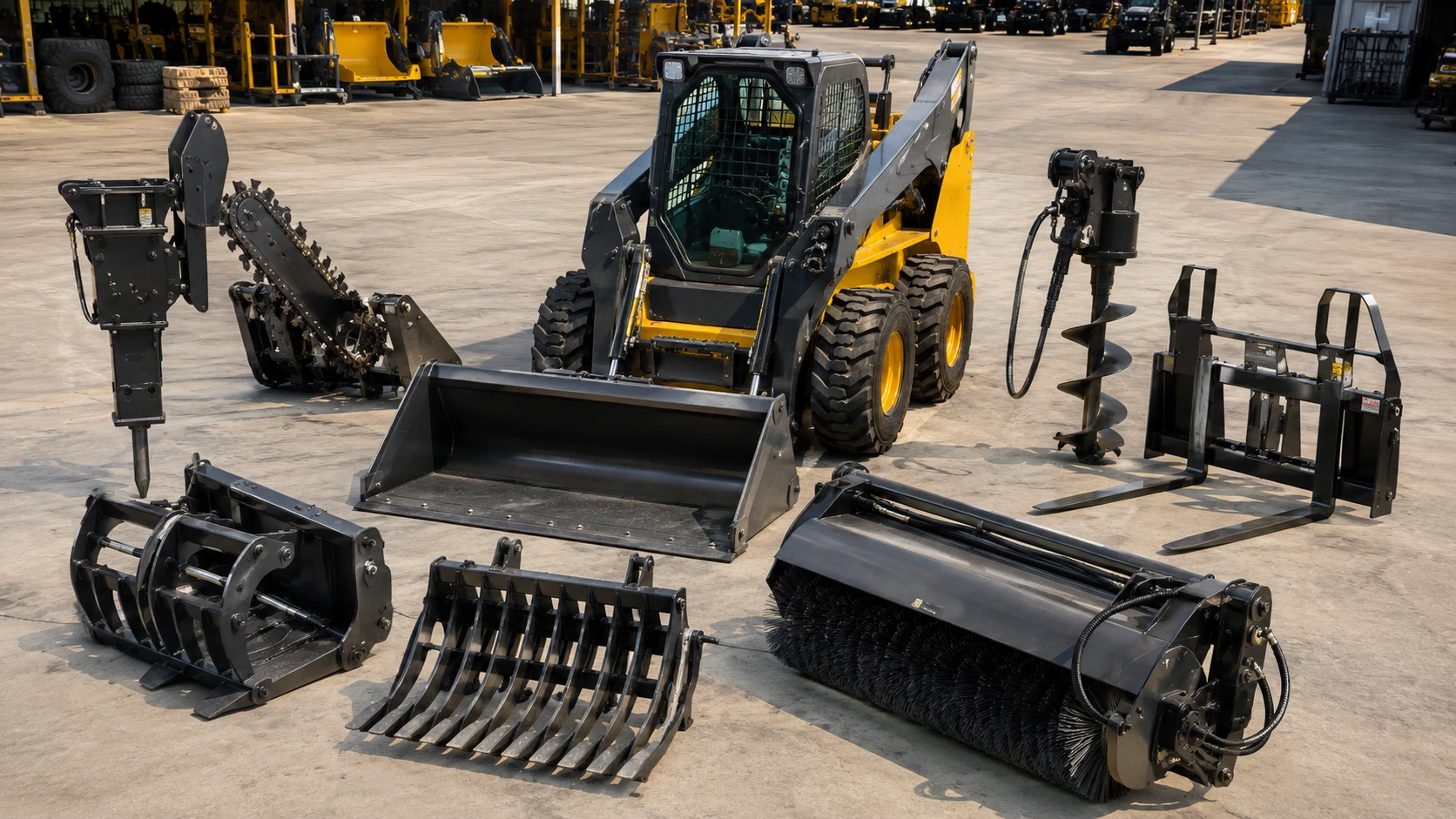 Skid steer loader attachments including bucket forks and breaker