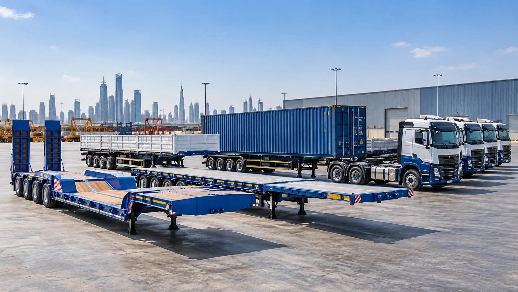 Heavy transport fleet with low bed and flatbed trailers in UAE
