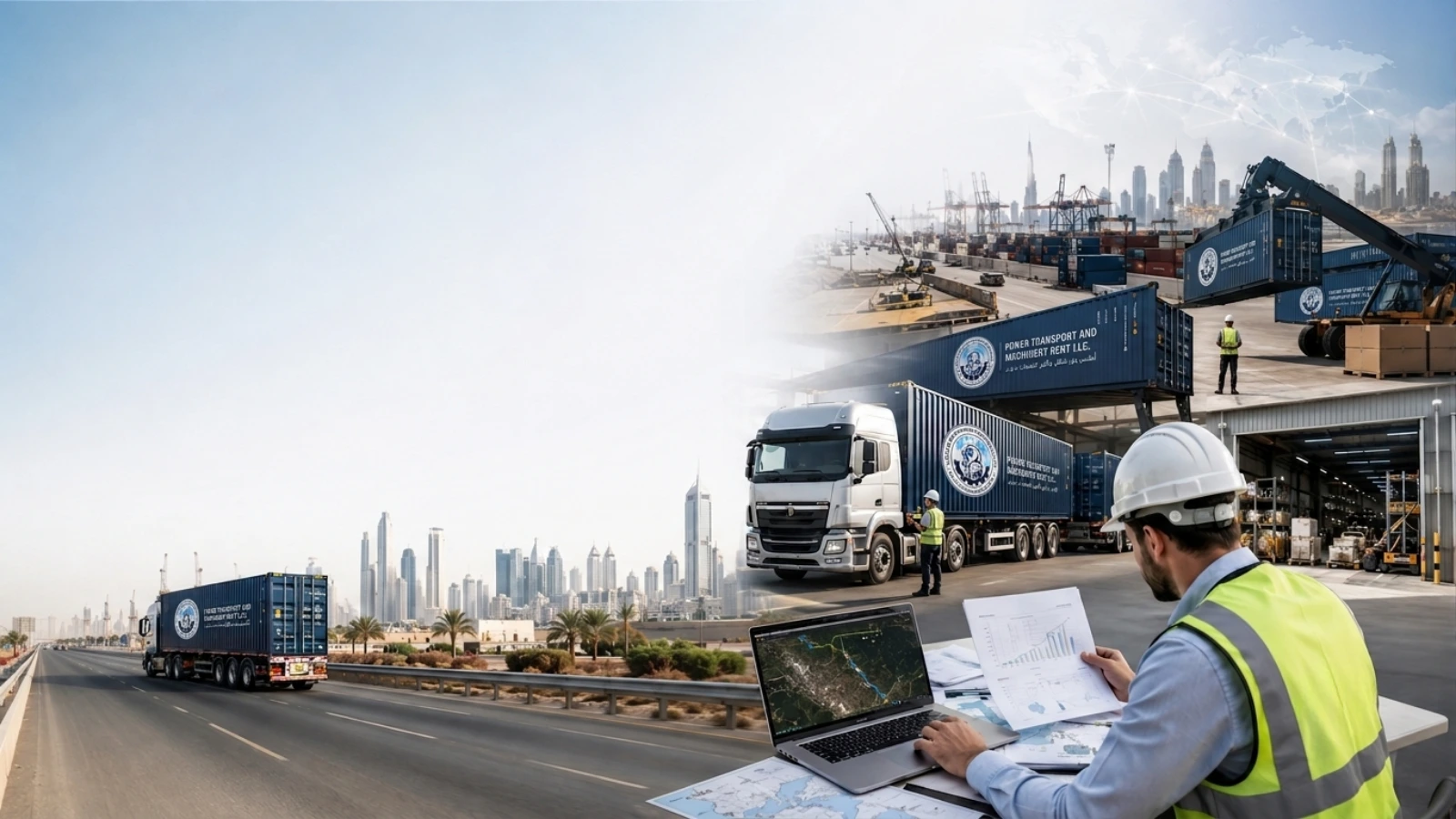Container transportation process showing logistics planning, loading, transport and final delivery in UAE