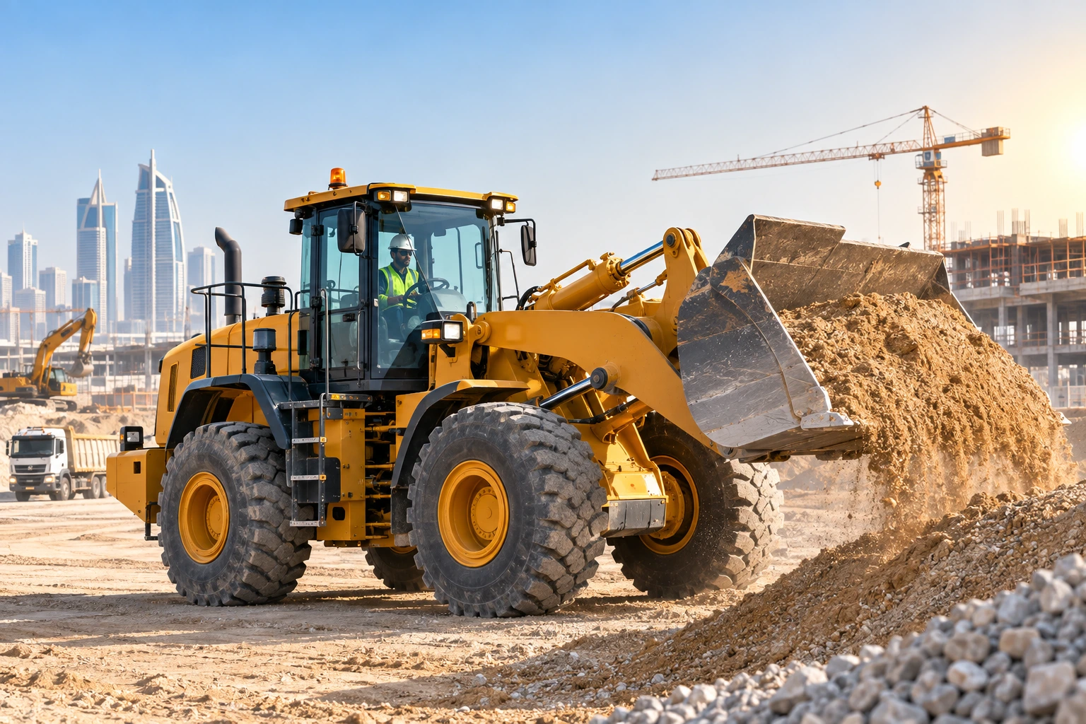 Wheel loader handling construction materials in UAE