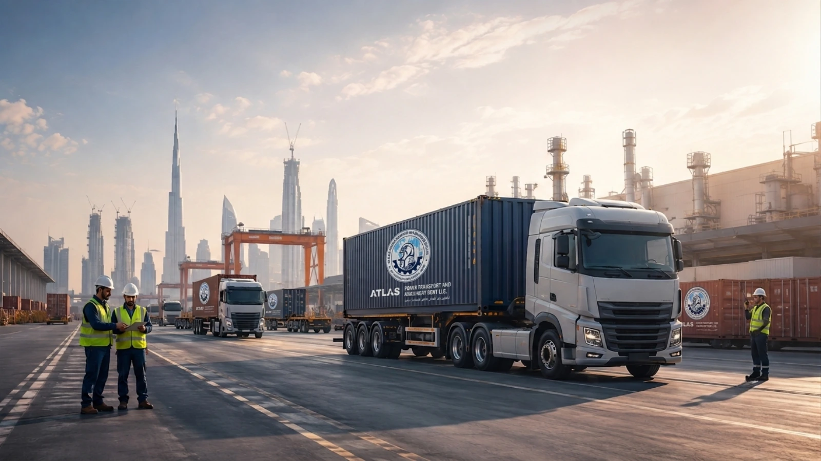 Professional container transport fleet and logistics team providing safe and reliable transportation services across the UAE